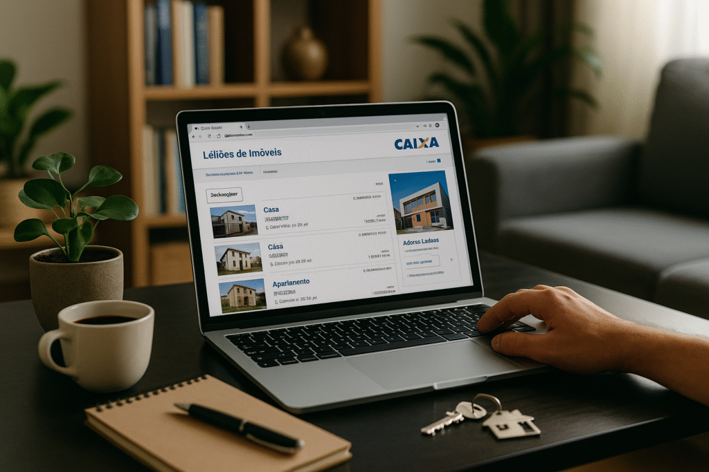 Pessoa pesquisando imóveis de leilão no site da Caixa, usando notebook em sala de casa, com planta, chave e café sobre a mesa, transmitindo conforto e praticidade