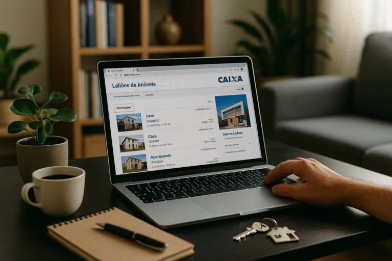 Pessoa pesquisando imóveis de leilão no site da Caixa, usando notebook em sala de casa, com planta, chave e café sobre a mesa, transmitindo conforto e praticidade