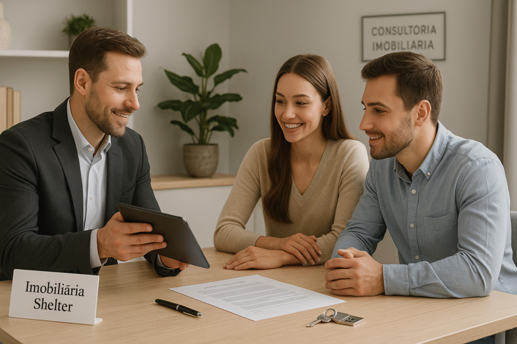 Consultor imobiliário apresentando propostas a um casal em escritório, com material da Imobiliária Shelter sobre a mesa, simbolizando profissionalismo e confiança na consultoria imobiliária