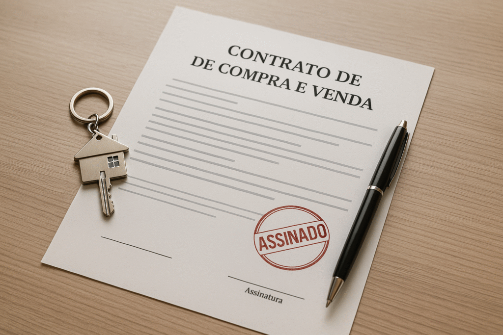 Contrato de compra e venda de imóvel sobre a mesa com caneta, chave e carimbo, simbolizando segurança e formalidade na negociação