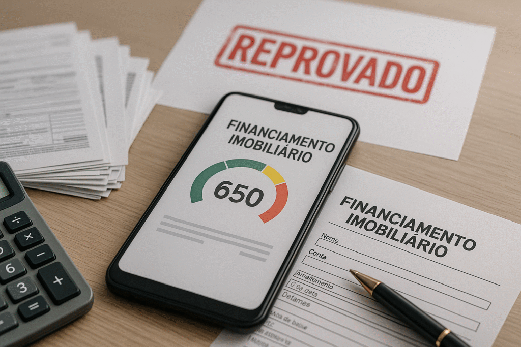 alculadora, boletos e formulário de financiamento com carimbo 'Reprovado' ao fundo, sugerindo impacto do endividamento na aprovação de crédito