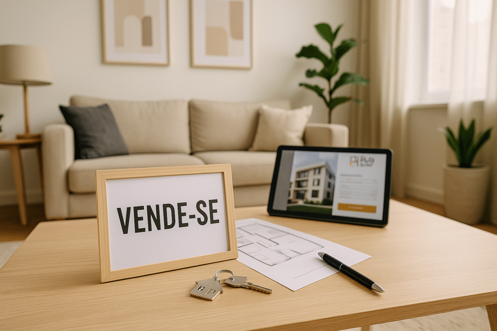 Sala de estar moderna e valorizada com placa 'VENDE-SE' e chave, simbolizando um imóvel pronto para atrair compradores