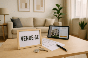 Sala de estar moderna e valorizada com placa 'VENDE-SE' e chave, simbolizando um imóvel pronto para atrair compradores
