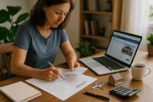 Pessoa organizando comprovantes de renda informal em casa, com notebook, recibos, chave e maquete de imóvel sobre a mesa, simbolizando autonomia e planejamento na compra da casa