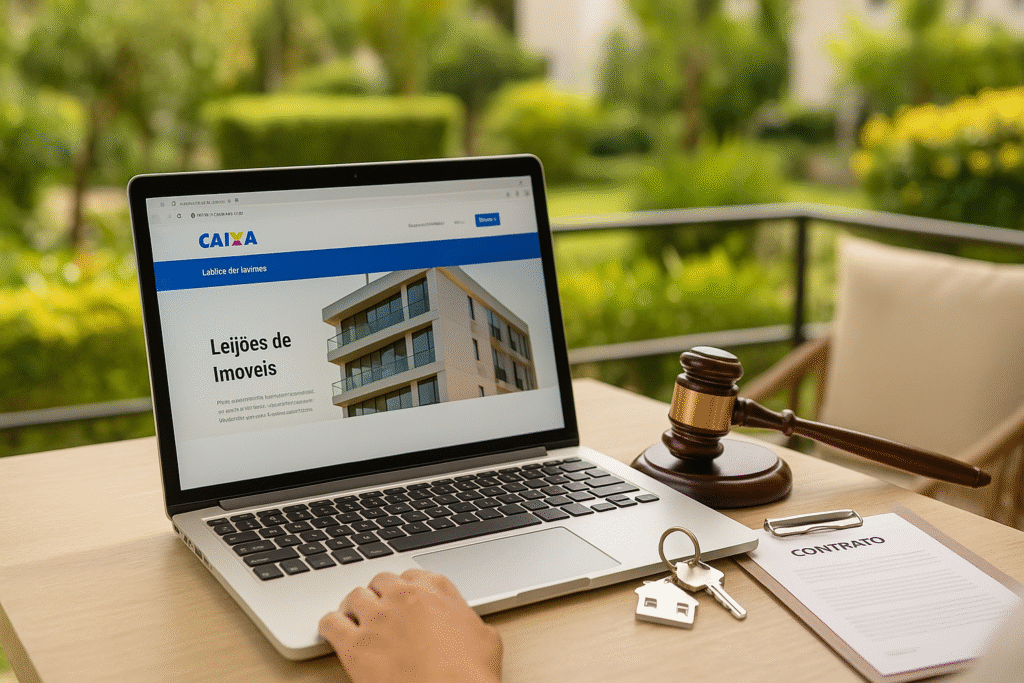 Pessoa pesquisando leilões de imóveis da Caixa em um notebook, em ambiente externo e iluminado, com martelo de leiloeiro, chave e contrato sobre a mesa, simbolizando preparo e estratégia na compra.