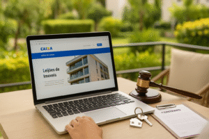 Pessoa pesquisando leilões de imóveis da Caixa em um notebook, em ambiente externo e iluminado, com martelo de leiloeiro, chave e contrato sobre a mesa, simbolizando preparo e estratégia na compra.