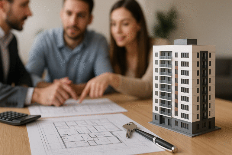 Planta arquitetônica e modelo 3D de prédio sobre mesa, com casal ao fundo analisando o projeto, simbolizando a compra de imóvel na planta