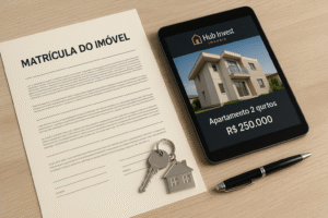 Matrícula de imóvel sobre a mesa com chave, caneta e tablet exibindo imóvel no portal Hub Invest Imóveis, representando a importância documental e a tecnologia no mercado imobiliário
