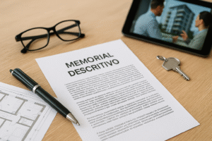 Memorial descritivo sobre a mesa com planta baixa, caneta e óculos, reforçando a importância da leitura atenta na compra de imóvel na planta