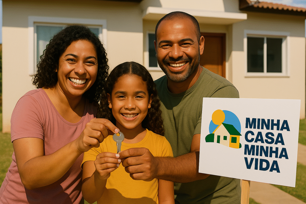 Família brasileira sorridente segurando chave em frente à casa de classe média com placa 'Minha Casa Minha Vida', simbolizando a conquista do imóvel pelo programa.