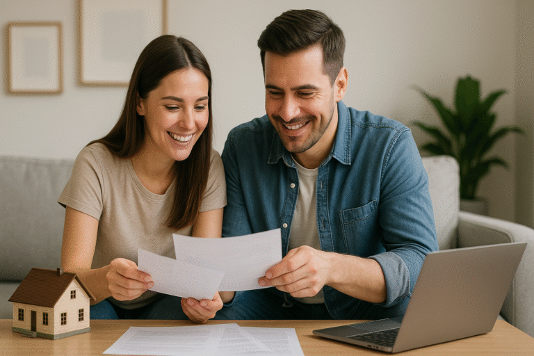Casal sorridente revisando documentos de compra de imóvel com maquete de casa e notebook sobre a mesa