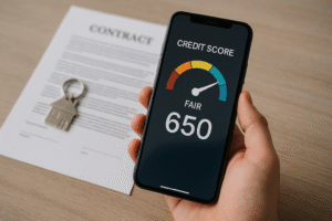 Mão segurando smartphone com app de score de crédito, ao fundo contrato de imóvel e chave sobre mesa