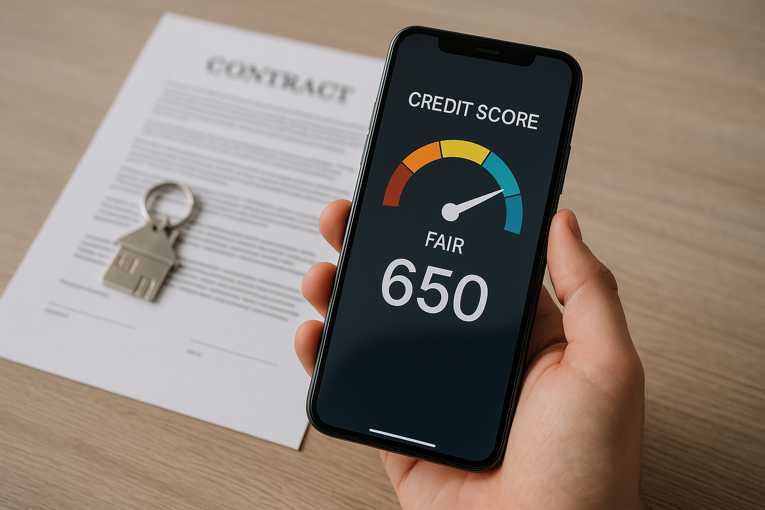 Mão segurando smartphone com app de score de crédito, ao fundo contrato de imóvel e chave sobre mesa