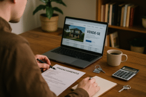 Pessoa organizando a venda direta de imóvel financiado em casa, com notebook, documentos, chave, calculadora e café sobre a mesa, simbolizando autonomia e praticidade