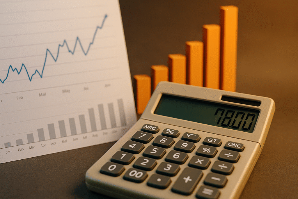 Close-up de calculadora bege com display digital exibindo "78.00", ao lado de gráficos de barras laranja e linha azul em papel, representando análise de ROI no flipping imobiliário.