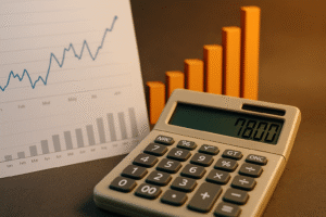 Close-up de calculadora bege com display digital exibindo "78.00", ao lado de gráficos de barras laranja e linha azul em papel, representando análise de ROI no flipping imobiliário.