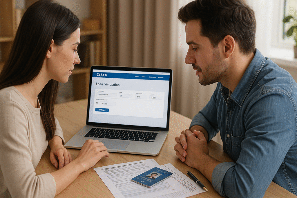 Casal analisando simulação de financiamento em um notebook com documentos sobre a mesa, representando a organização necessária para conseguir aprovação rápida no SBPE.