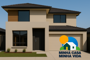 Fachada de uma casa moderna de dois andares, com linhas retas, fachada clara, telhado escuro e jardim minimalista na frente, acompanhada do logotipo oficial do programa Minha Casa Minha Vida.
