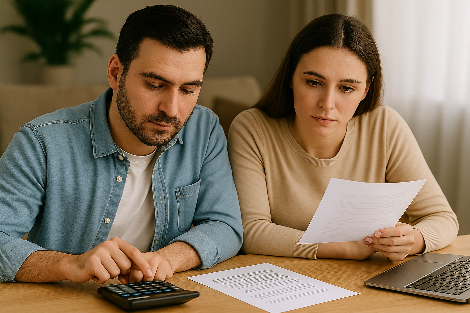 Casal jovem analisando juntos uma simulação de financiamento com documentos e calculadora sobre a mesa, em ambiente doméstico bem iluminado. renda mínima para comprar imóvel