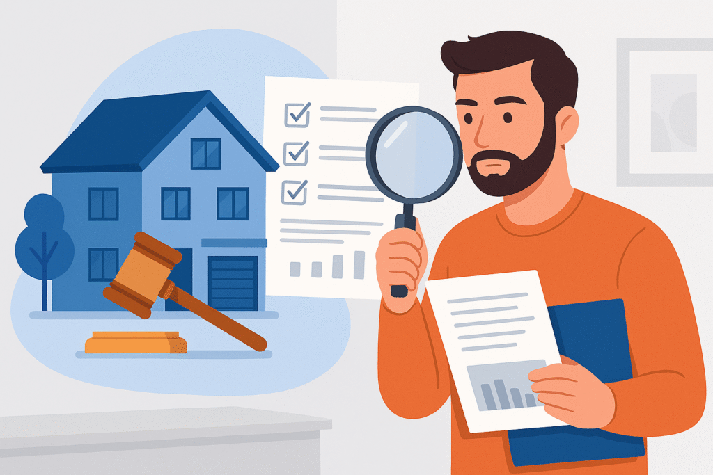 ilustração em estilo flat mostrando homem com lupa avaliando casa, com imóveis, prédios e ambiente residencial ao fundo, representando a análise de imóveis em leilões da Caixa.