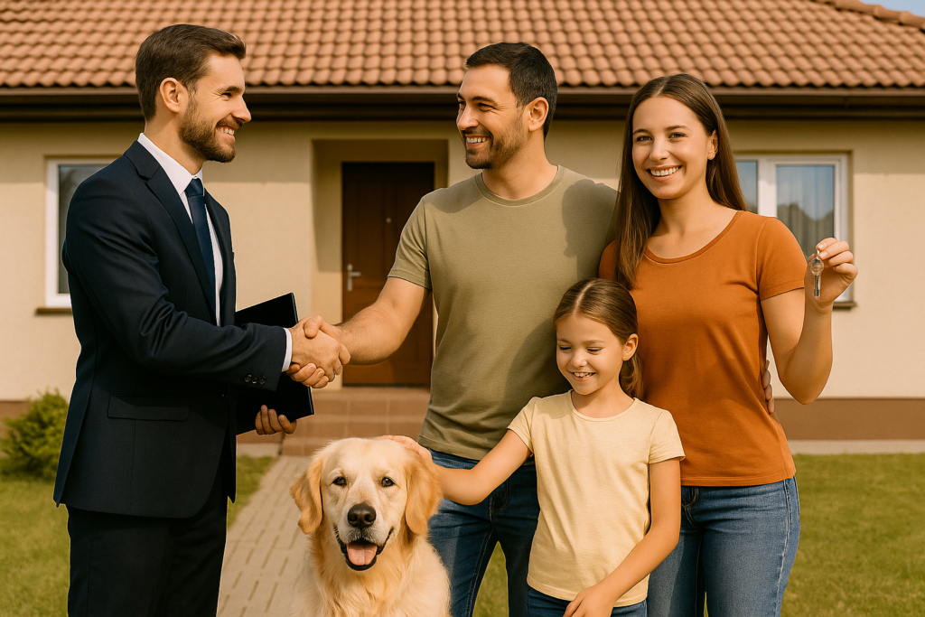 Corretor de imóveis apertando a mão do marido enquanto a esposa segura as chaves da casa; ao lado, uma criança acaricia um cachorro. Todos estão em frente a uma casa popular, sorrindo e felizes, celebrando a conquista do imóvel próprio.

direito ao programa Minha Casa Minha Vida 2025