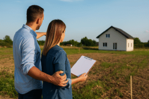 Casal observando terreno ensolarado com casa ao fundo; ele aponta para a área enquanto ela segura uma prancheta, representando avaliação para construção financiada.