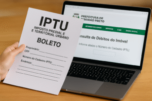 Pessoa segurando um boleto de IPTU em frente a um notebook aberto no site oficial da Prefeitura de Ribeirão Preto, na página de consulta de débitos do imóvel.