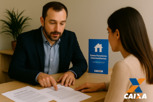 Corretor orientando cliente, com contrato e materiais da Caixa sobre a mesa, representando a intermediação na compra de imóveis Caixa.