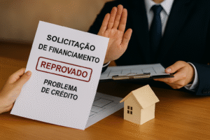 Foto realista mostrando uma solicitação de financiamento com carimbo “REPROVADO” por problema de crédito, sendo recusada por um atendente bancário, com maquete de casa e documentos na mesa.