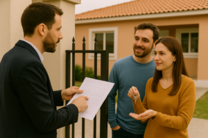 Pessoa do lado de fora de um portão mostrando documentos para um casal que está do lado de dentro da casa, conversando amigavelmente. Ao fundo, uma casa de estilo moderno, com fachada clara e jardim bem cuidado.