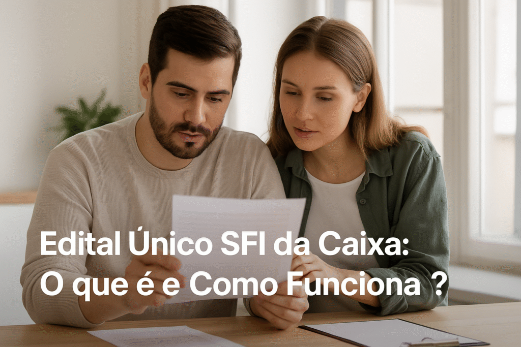 casal analisando edital de imóvel da Caixa em ambiente iluminado, representando entendimento sobre o Edital Único SFI e processo de compra em leilão.