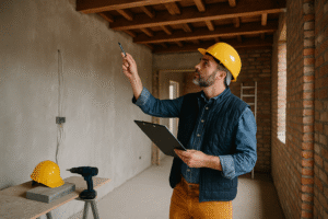 Engenheiro vistoriando obra de reforma, com capacete amarelo, prancheta e ferramentas em sala com paredes descascadas, tijolos aparentes e luz natural.