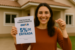 Pessoa sorridente segurando, de um lado, um contrato de financiamento da Caixa e, do outro, um molho de chaves, com uma casa de classe média brasileira ao fundo, simbolizando a conquista de um imóvel com apenas 5% de entrada.