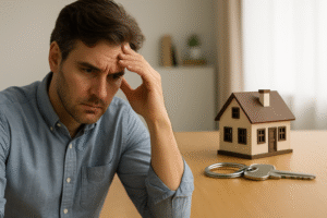 Homem pensativo com expressão de preocupação sentado à mesa, ao lado de uma miniatura de casa e chaves prateadas, simbolizando dúvidas ou erros na compra de imóvel em leilão.
