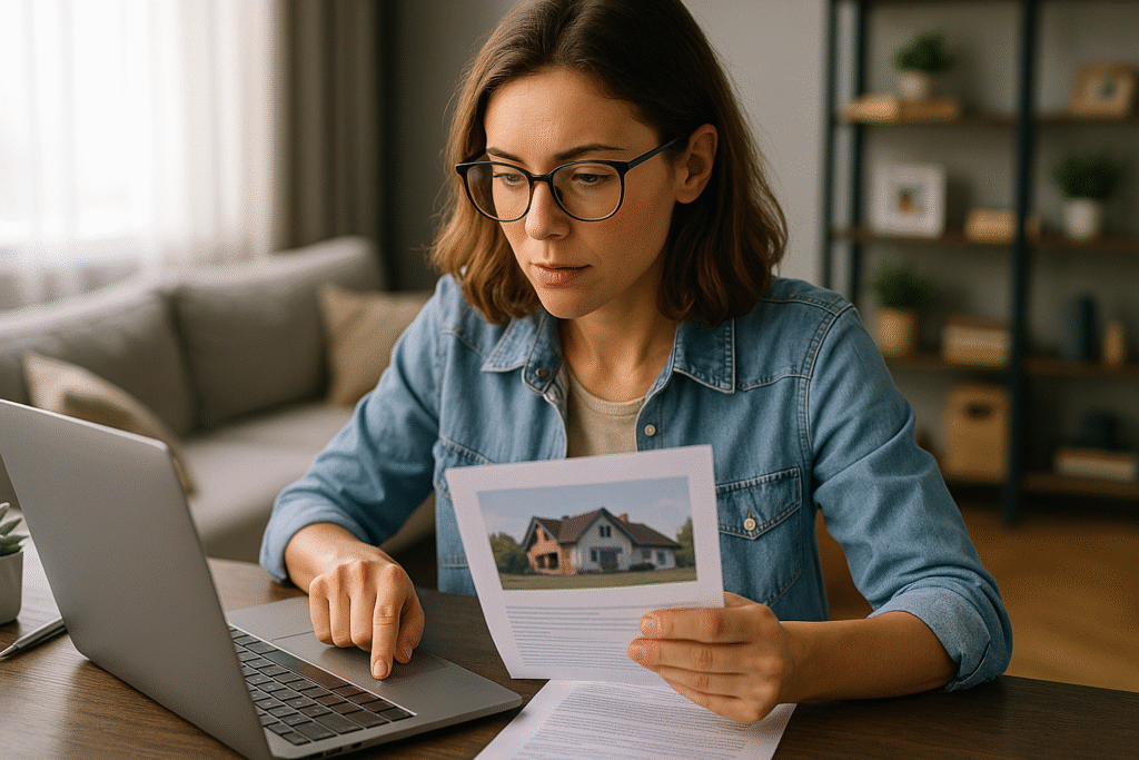 mulher jovem analisando documentos com laptop aberto sobre a mesa, observando uma tela com informações de imóveis; ambiente moderno e iluminado, remetendo à pesquisa de oportunidades em leilões da Caixa.