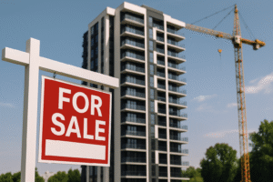 Foto de placa “For Sale” em frente a prédio moderno em construção com guindaste ao fundo e céu azul, simbolizando imóvel com potencial de valorização.