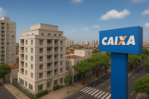 uma área urbana em cidade do interior com prédios residenciais modernos, árvores ao longo da avenida e uma placa da Caixa Econômica Federal em destaque no cenário.