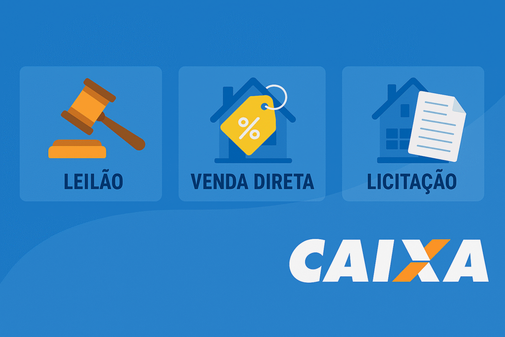 gráfico comparativo em estilo flat com ícones de martelo, etiqueta de desconto e contrato, destacando as diferenças entre leilão, venda direta e licitação na Caixa.