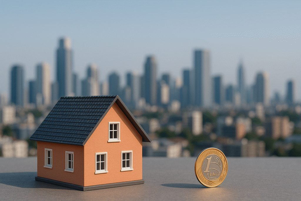 Casa em miniatura laranja com telhado escuro e moeda de um real ao lado, posicionadas sobre uma superfície cinza, com prédios altos desfocados ao fundo, simbolizando investimento em imóveis urbanos através de leilões.