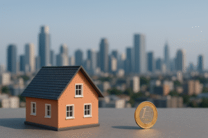 Casa em miniatura laranja com telhado escuro e moeda de um real ao lado, posicionadas sobre uma superfície cinza, com prédios altos desfocados ao fundo, simbolizando investimento em imóveis urbanos através de leilões.