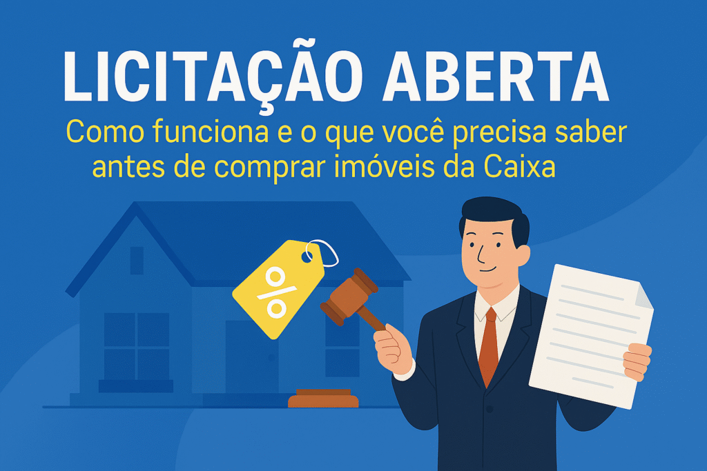 ilustração em estilo flat de leiloeiro com martelo e documento à frente de uma casa, com texto explicativo sobre licitação aberta para imóveis da Caixa.