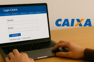 Tela do portal oficial da Caixa aberta em um computador, destacando a área de login para acessar a venda online de imóveis, com ambiente profissional ao fundo.
