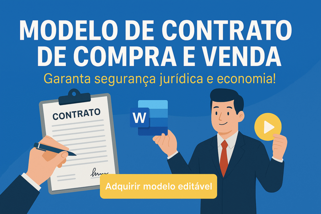 ilustração em estilo flat de contrato sendo assinado, com ícones do Word e vídeo aula, representando modelo de contrato de compra e venda com segurança e economia.