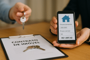 Close-up de contrato de imóvel sobre mesa de madeira com chave prateada, enquanto uma pessoa segura um celular exibindo simulação de financiamento e outra entrega uma chave.