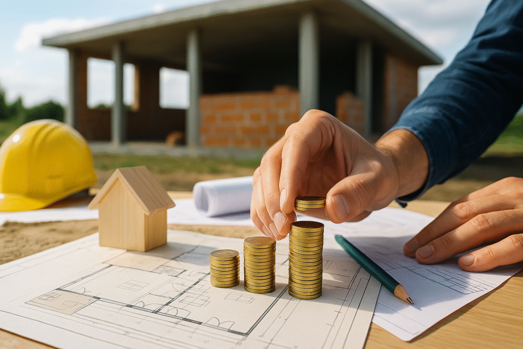 Mãos empilhando moedas douradas sobre planta arquitetônica com modelo de casa de madeira, capacete amarelo e obra ao fundo, simbolizando o financiamento de terreno e construção.