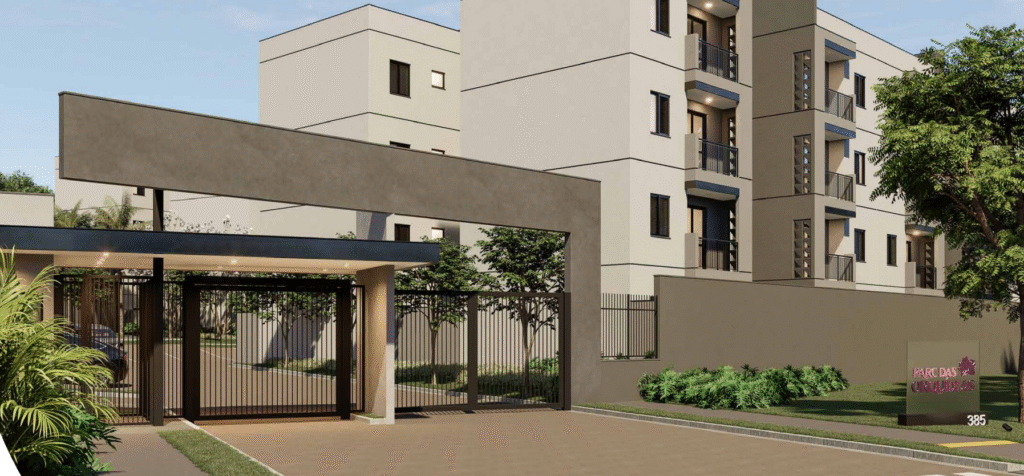 Fachada da portaria do empreendimento Parc das Orquídeas em Bonfim Paulista, com entrada moderna, portão fechado e prédios residenciais ao fundo.