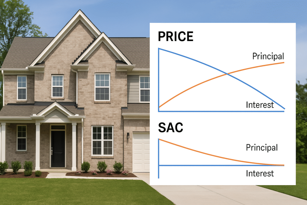Gráficos comparativos reais de SAC e PRICE com barras distintas em frente a uma casa moderna com jardim bem cuidado, representando um imóvel financiado.