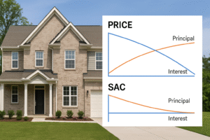 Gráficos comparativos reais de SAC e PRICE com barras distintas em frente a uma casa moderna com jardim bem cuidado, representando um imóvel financiado.