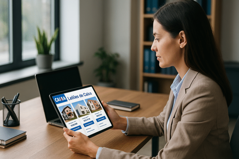 Mulher em escritório moderno analisando imóveis no site da Caixa em um tablet sobre a mesa, representando uma investidora avaliando oportunidades de leilões imobiliários.