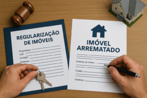 Mãos de uma pessoa organizando documentos sobre uma mesa de madeira, com formulários, caneta e carimbo, representando o processo de regularização de um imóvel arrematado em leilão.